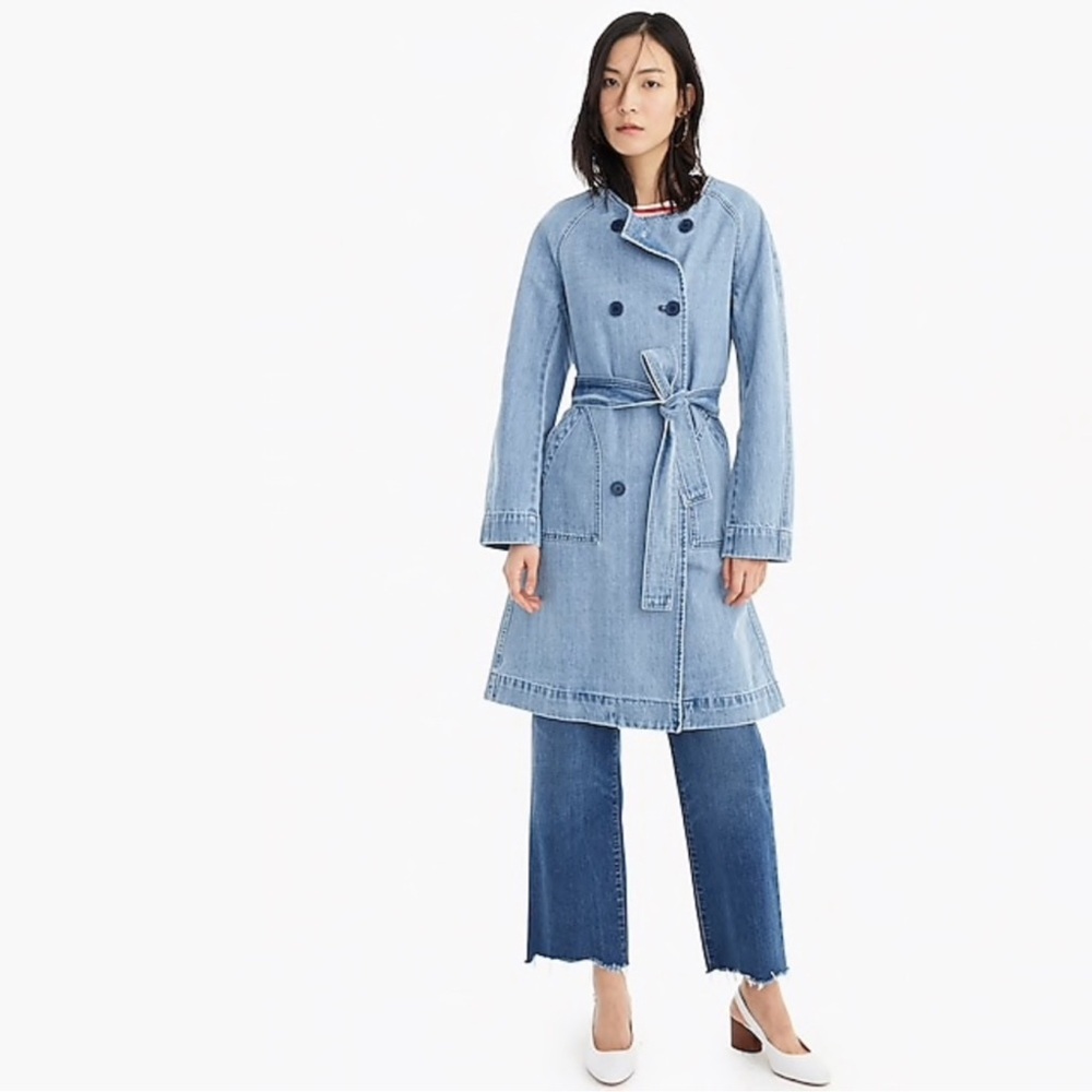 J. Crew Denim Trench Coat Double Breasted Collar Light Denim Woman's Large - Picture 3 of 15